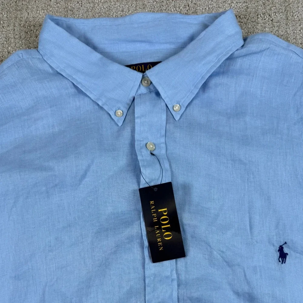NEW Polo Ralph Lauren Mens 4XLT Blue 100% Linen Short Sleeve Button Down Shirt